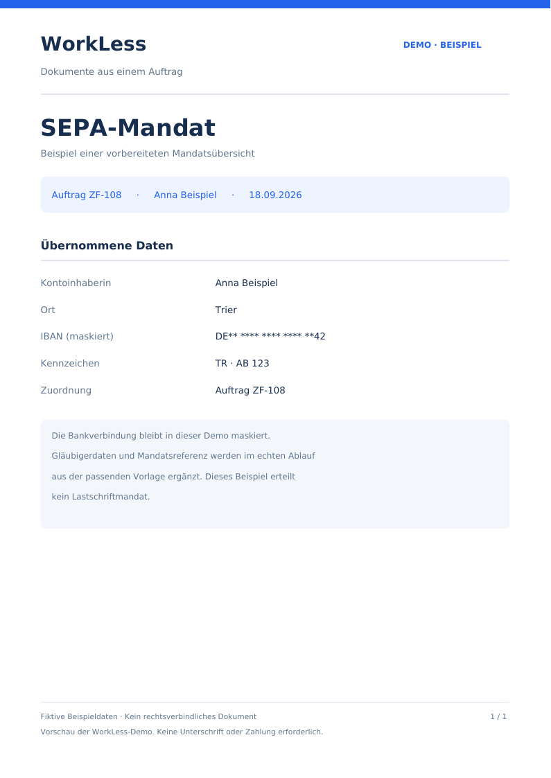 Vorschau: SEPA-Mandat mit Beispieldaten